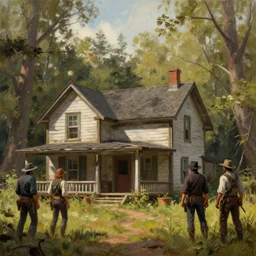small old house in the woods, in the style of red dead redemption, criminals posing outside, oil painting, concept art