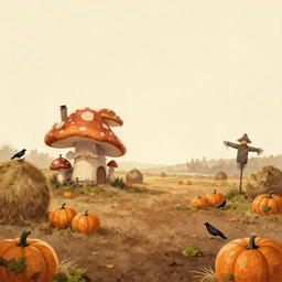 epic illustration, incredible wide screenshot, ultrawide, simple watercolor, rough paper texture, autumn, house that is a mushroom, pumpkin patch, rustic, folk, haybales, moss, crows, scarecrow, realism, pale beige sky, texture, brown mud, dust, backlit distant shot a scenic environment by Anton Fadeev