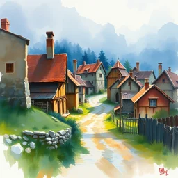 paint brush strokes, abstract watercolor painting of rustic village at midday, medieval age, ambient lighting, art by hans dahl, by jesper ejsing, art by anders zorn, wonderful masterpiece by greg rutkowski, cinematic light, american romanticism by greg manchess, creation by tyler edlin
