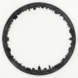 a perfect circle where the inside is empty blank space and around the outer edge of the circle is the silhouette of a city skyline, black and white, minimalist, in the style of a charcoal drawing, made by david mellen
