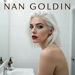 a woman with white hair and makeup in a bathroom, an album cover by nan goldin, tumblr, international gothic, goth, antichrist, gothic