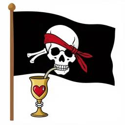 A pirate flag of a skull with a skeletal arm drinking out of a chalice with a bleeding heart in it. Pirate, pirate flag, simple, black, white, and red.