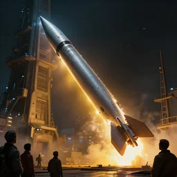 closeup of a highly futuristic missile being launched to night sky from huge platform while engineers watch, cyberpunk, moody, luminescent, rule of thirds, golden ratio, ambient lighting, syd mead, greg rutkowski, wlop, artgerm, artstation, highly detailed masterpiece