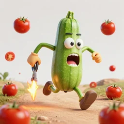 detailed 3 d render of a raging zucchini character with burning scissors running on dirt road, scared tomates scattered everywhere, high speed action, explosions, dramatic scene, hyper realistic octane render, cinematic lighting, splatter, deviantart, black sky, lowbrow, frame from pixar movie