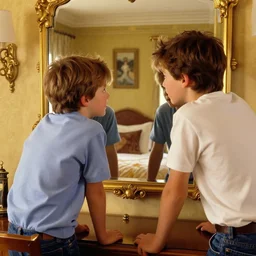a beautiful picture of a boy looks at himself in the mirror in the luxurious bedroom, by greg rutkowski and thomas kinkade, trending on artstation