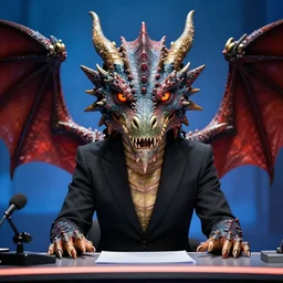 1 9 8 5 science fiction movie depicting a dragon playing a news anchor. perfectly symmetrical face, highly detailed, masterpiece.