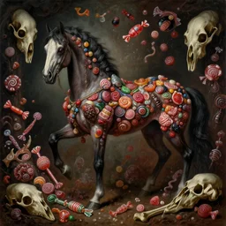 renaissance style painting of a horrifying evil candy themed horse, surrounded by different kinds of candy and bones, evil candy mare, extremely scary, extremely detailed!!!, dark themes, dim lighting, gothic style painting, horse skulls everywhere, horrifying, grim colors, dark dramatic lighting, empty soulless eyes