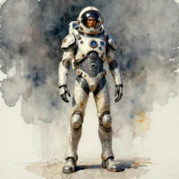 male, full body, wide shot, modern space suit, intriguing helmet, stylized character design, the expanse tv series, large shoulders, short torso, long thin legs, tiny feet, science fiction, hyperdetailed, technical suit, dieselpunk, watercolor digital painting, in the style of mike mignola, in the style of bruce timm, by alex maleev