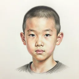 chinese boy with buzz cut pencil sketch, colored