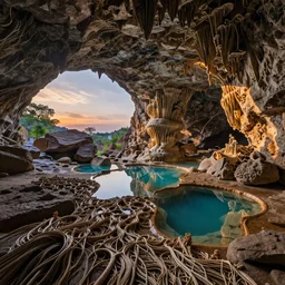 expansive caves with growing biodiversity , the pools of liquid, dramatic dusk sun illuminates the volumetric light ,detailed entangled fibres carpet the fallen rocks ,full colour , upscale , 4k