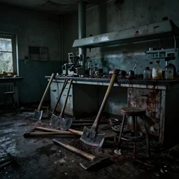 dark, dirty, abandoned laboratory, piles of axes on the floor, blood stains on the walls, low brightness, cinematic lighting