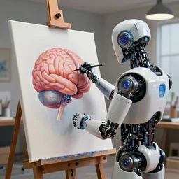 photorealistic illustration of a sci - fi robot making a beautiful painting of a human brain on a canvas in a modern artist studio, artstation, deviantart, cgsociety