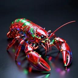 an extremely high quality render of a cybernetic futuristic crayfish with red, green, and blue lights, an ambient occlusion render by cedric seaut and keos masons, highly polised, reflective surfaced, machine - like, highly reflective, caustics, leds, neons, dramatic lighting, 8 k, cyborg, glowing eyes, cgsociety, generative art, rendered in