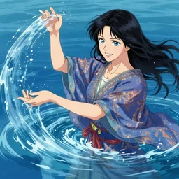 a beautiful woman wearing a kaftan manipulating water by karol bak, ayami kojima, artgerm, river, water, blue eyes, smile, concept art, fantasy