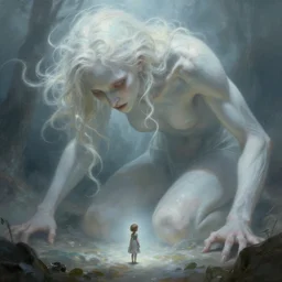 an immense beautiful terrifying pale humanoid giant bends down to get a close look at a tiny human. ethereal horror fantasy art by greg rutkowski and magali villanueve