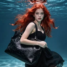 portrait of a girl with long red hair in a black dress, under water, very beautiful style, girl wrapped in a leather salafan bag in black, jean - michel basquiat, photorealism, edgard maxence,