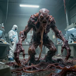 a massive slimy flesh creature grows out of control in a grungy science lab, horror movie scene, one single man in a hazmat suit