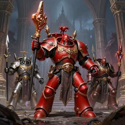 battle scene portrait of armored heroes warhammer 4 0 k fight war fighting nurgle warrior, cesede, the chaos god of plague and decay, red chaos knight with cathedrals and columns, pestilence, champion, emperor, abbeys, elegant concept art by ruan jia
