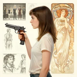 side profile centered portrait, girl with a gun, by artgerm, cushart krenz, greg rutkowski, storyboard, west world show, mucha. art nouveau. gloomhaven, swirly vibrant ripples, gaudy colors, sharp edges. ultra clear detailed. 8 k. elegant, intricate, octane render
