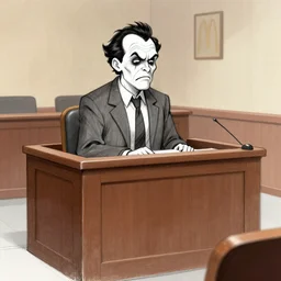 courtroom sketch of the mcdonald ’ s character grimace sitting in the witness stand looking fearful