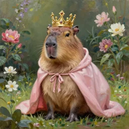 anatomically correct capybara wearing a light pink cape and a encrusted golden crown, in a beautiful flower garden, oil painting