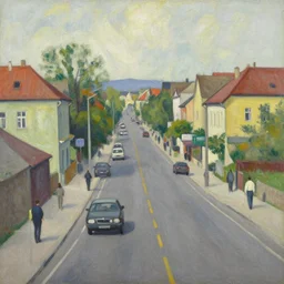 an edward hopper style painting of a busy road of ( ( ( ( ( ( ( ( gyor ) ) ) ) ) ) ) ), a small town in hungary on monday may of 1 9 6 2