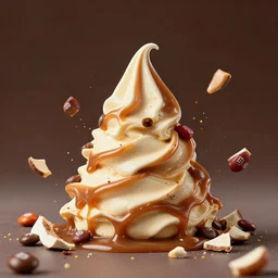 broken m&m pieces with caramel ice cream swirl thrown around by centrifugal forces into the shape of a pyramid!!! award-winning photo