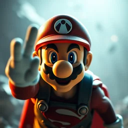 body portrait of posing super mario!! as superman superman in gears of war, face, flying, cinematic lighting, ray tracing, octane render, long lens, shallow depth of field, bokeh, anamorphic lens flare, 8 k, hyper detailed, 3 5 mm film grain