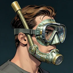 portrait of a male with a vintage diver mask intricate details mask in side profile by MARVEL comics and Sandra Chevrier