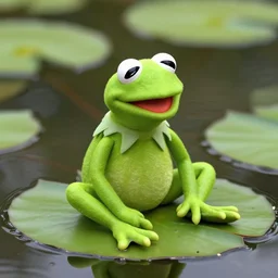 wildlife photo of Kermit the frog in real life sitting on a lily pad on a river