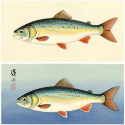 a fish. shin hanga and kawanabe kyosai and cory loftis and rossdraws and wlop and jung gi kim rule of thirds