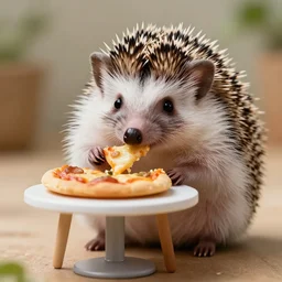 still image of an adorable hedgehog sitting at a tiny table eating a tiny pizza, photo