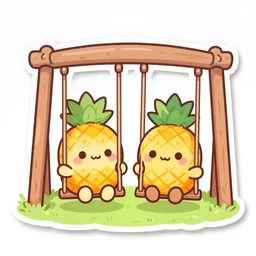 die cut sticker of two anime chibi cute kawaii smiling pineapples on a swing set