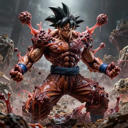 goku's disgusting true form bursting from within, gross, slimy, sleazy, pustules, high details, intricate details, by dan mumford
