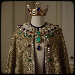 1 9 8 0 s muted vhs static video still of a royal cape decorated with gemstones and malachite ; pale rembrandt lighting, grainy image artifacts, vignette
