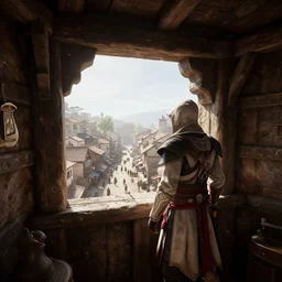 delicious view from standing inside the interior dingy wooden fort tower looking out at the bustling medieval town streets below atmospheric unreal engine hyperreallistic render 8 k concept art masterpiece screenshot from the video game assassin's creed odyssey 2 7 0 0 k global illumination