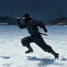 atmospheric nightscene of a ninja running through a snow field by moebius and john harris, dynamic pose