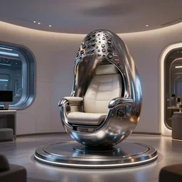small intimate indoor home design shot. futuristic sci - fi professional lighting. masterpiece. digital artstation render of a slick futuristic starwars environment by john harris. tensegrity captain's chair integrated into a giant button laden cylindrical station inspired by the shape of a hooded chrome egg avocado bean armature on a dais.