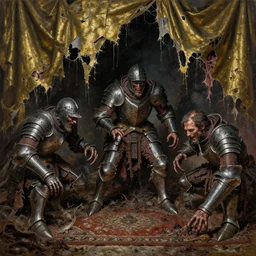 oil painting of disgusting varied filthy rugated armored inachidae clawing chaos in shredded horrifically hung metal brass torn curtains by vincente b ballestar, by francesco blanc, & by jack gaughan high resolution, hyper detailed, intricate details, unreal engine render, cinematic, panorama,