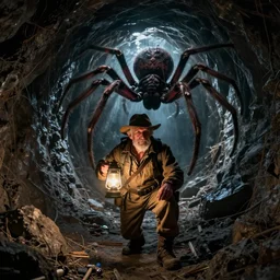 an old - fashioned explorer with a lamp, in a dark tunnel with a monstrous spider behind him, in the style of jeff easley, dramatic lighting, low angle, wide angle, fantasy art, highly detailed digital art