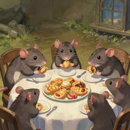 anthropomorphic rats eating a delicious dinner, key visual, a fantasy digital painting by makoto shinkai and james gurney, trending on artstation, highly detailed