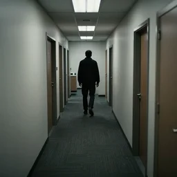 a dark figure at the end of a creepy empty office hallway. craigslist photo