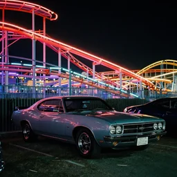 a 1 9 6 6 pontiac gto parked next to a neon - colored rollercoaster, night photo, fujifilm quicksnap 4 0 0 photography