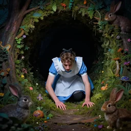 dark and colourful, a young man who is trapped in a neverending dream dream, elements of being down a rabbit hole like alice in wonderland