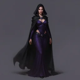 Fantasy portrait, Necromancer, female, beautiful face, dark garments, dark pruple robes, midriff, Black cloak from neck to ankles, pin-up, derriere, matte painting, by WLOP, artstation