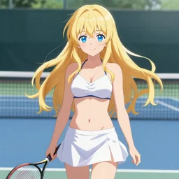 a very beautiful young anime tennis girl, full body, head, long wavy blond hair, sky blue eyes, full round face, short smile, bikini, miniskirt, front view, full shot, highly detailed, cinematic wallpaper by stanley artgerm lau