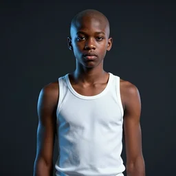 african - american teenager, bald, white tank - top, cyberpunk, high contrast, dynamic lighting, character concept painting by yoji shinakawa, by shigenori soejima, by yoshitaka amano, pixiv, artstation