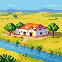 pixel art, grid, mexican hacienda on a sunny day, surrounded by plains and river, color painting by charles sheeler