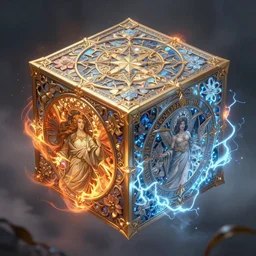 symmetry!! close - up a huge magic cube of wind, fire, electricity and ice elements in the mist, floral! plating materia, holy, intricate, elegant, highly detailed, ray tracing, digital painting, artstation, concept art, smooth, sharp focus, illustration, art by artgerm, beeple, greg rutkowski, alphonse mucha, 8 k