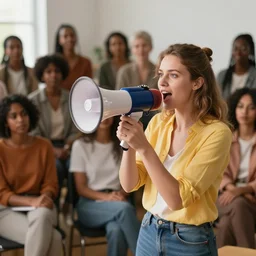 a white woman talking through a megaphone in a room full of women of colour